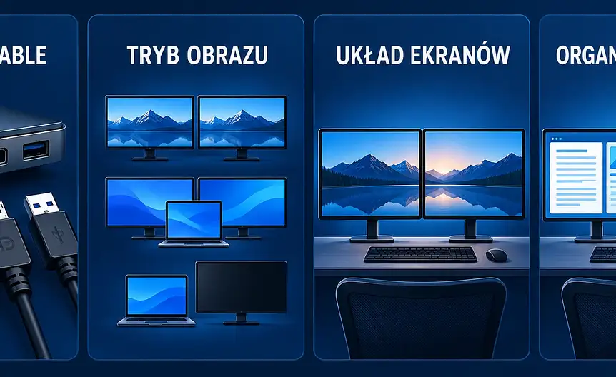 Schemat konfiguracji dwóch monitorów: porty, tryb obrazu, układ ekranów i organizacja okien