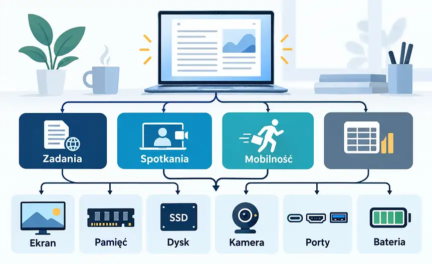 Mapa decyzji wyboru laptopa do pracy biurowej według zadań, mobilności i stanowiska