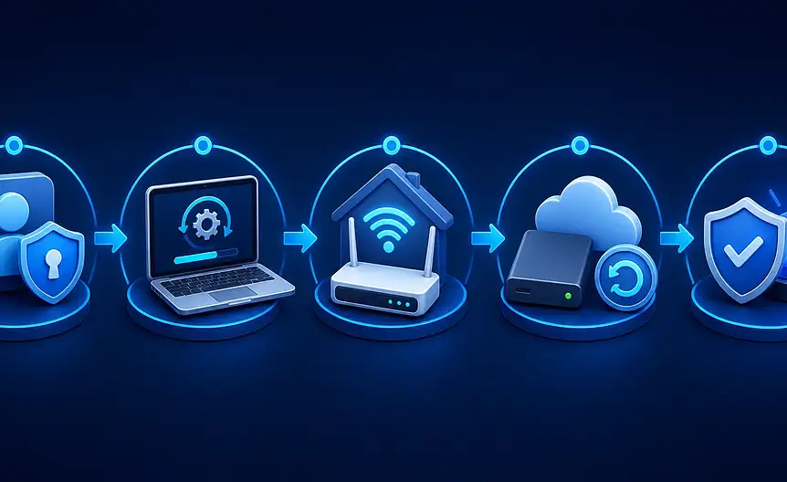Checklista zasad cyberbezpieczeństwa: konta, urządzenia, sieć, kopie zapasowe i reakcja