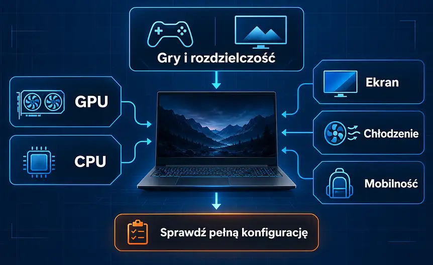 Mapa decyzji wyboru laptopa gamingowego według gier, gpu, cpu, ekranu, chłodzenia i mobilności