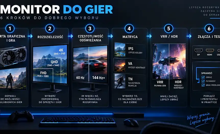 Checklista wyboru monitora gamingowego: gpu, rozdzielczość, hz, matryca, vrr, porty i test