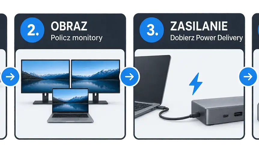 Schemat wyboru stacji dokującej: laptop, obraz, zasilanie i porty