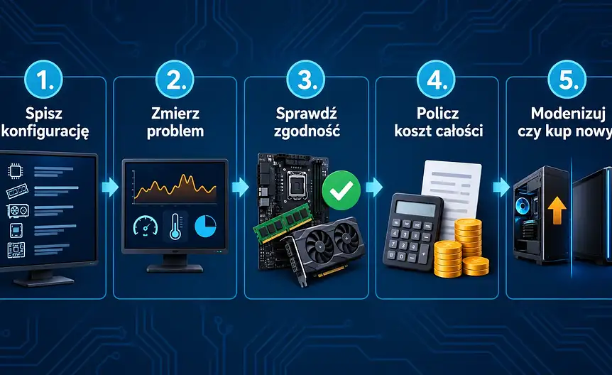 Kolejność decyzji dla starego komputera: konfiguracja, pomiar, zgodność, koszt i wybór