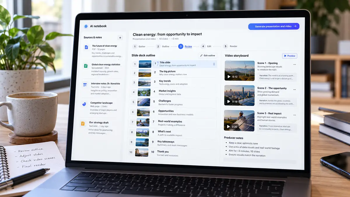 Gemini Notebook: popraw slajdy i wideo przed generowaniem