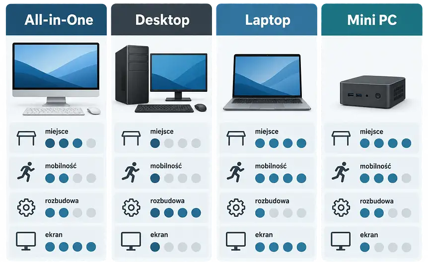 Porównanie komputera all in one, desktopa, laptopa i mini pc według miejsca, mobilności, rozbudowy i obecności ekranu