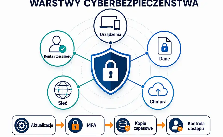 Infografika: warstwy cyberbezpieczeństwa i podstawowe działania ochronne