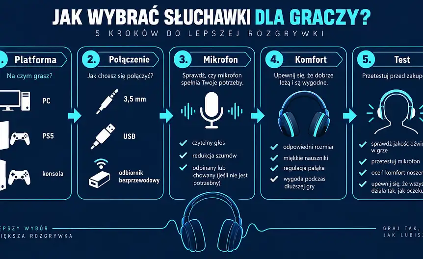 Schemat wyboru słuchawek gamingowych według platformy, połączenia, mikrofonu i komfortu