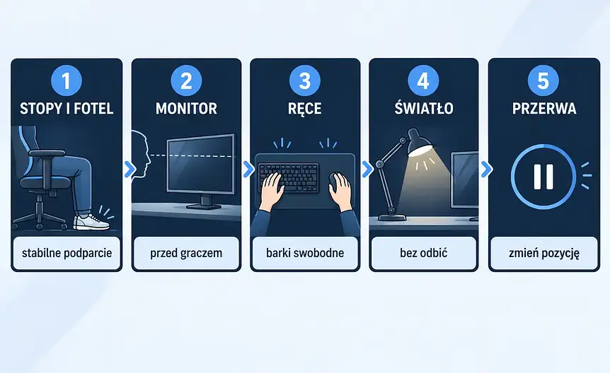 Checklista ustawienia stanowiska gamingowego: stopy, monitor, ręce, światło i przerwa